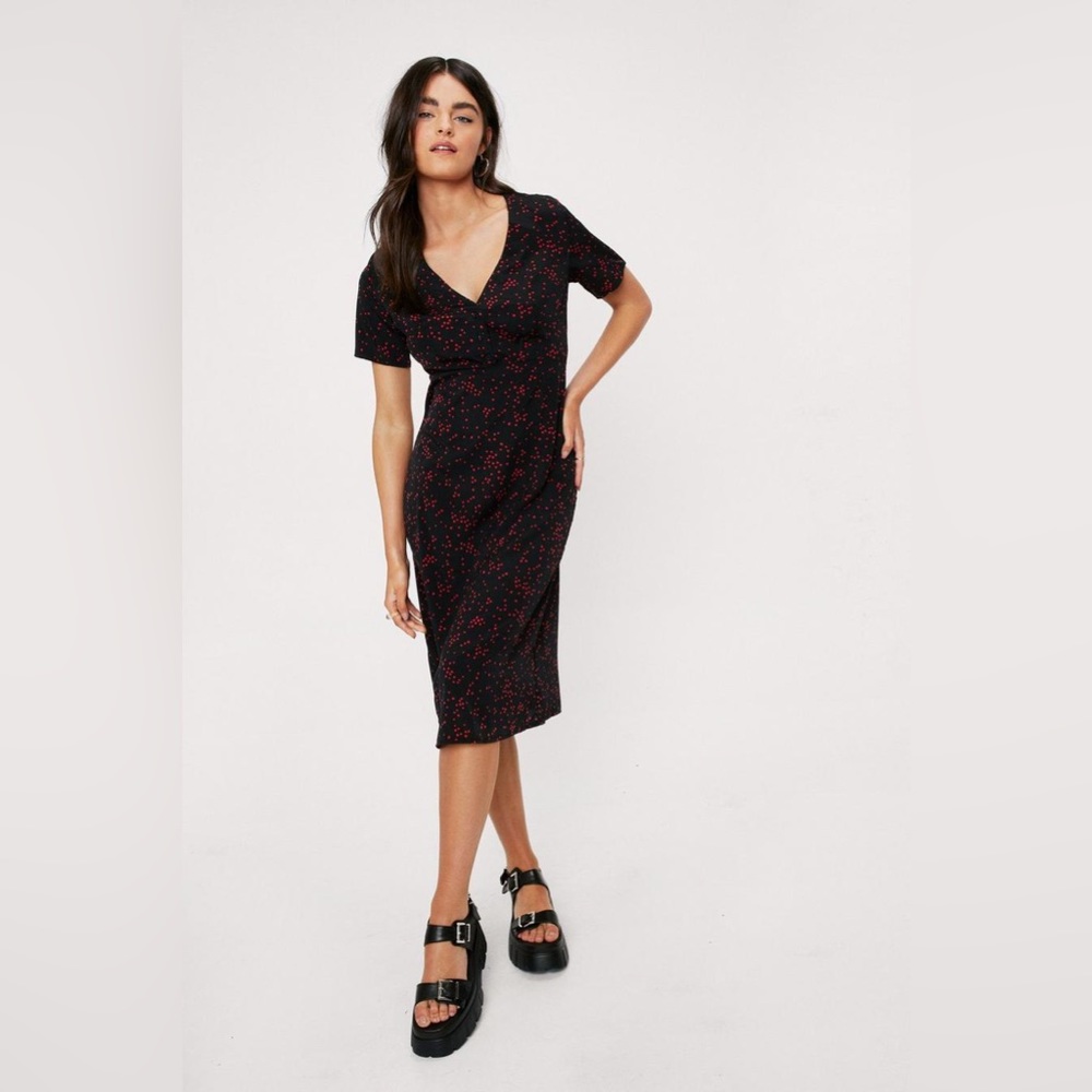 NASTY GAL Polka Dot V Neck Midi Dress size 8